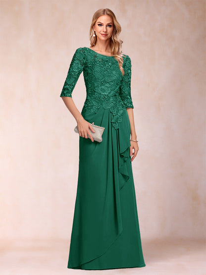 Robe de Mère de la Mariée En Mousseline de Soie à Manches 3/4 et Coupe Princesse avec Volants et Appliques