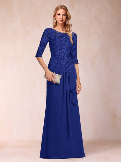 Robe de Mère de la Mariée En Mousseline de Soie à Manches 3/4 et Coupe Princesse avec Volants et Appliques