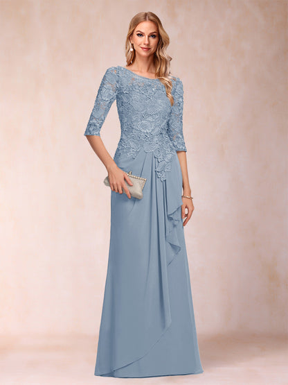 Robe de Mère de la Mariée En Mousseline de Soie à Manches 3/4 et Coupe Princesse avec Volants et Appliques