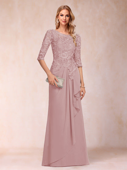 Robe de Mère de la Mariée En Mousseline de Soie à Manches 3/4 et Coupe Princesse avec Volants et Appliques