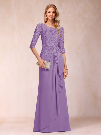 Robe de Mère de la Mariée En Mousseline de Soie à Manches 3/4 et Coupe Princesse avec Volants et Appliques
