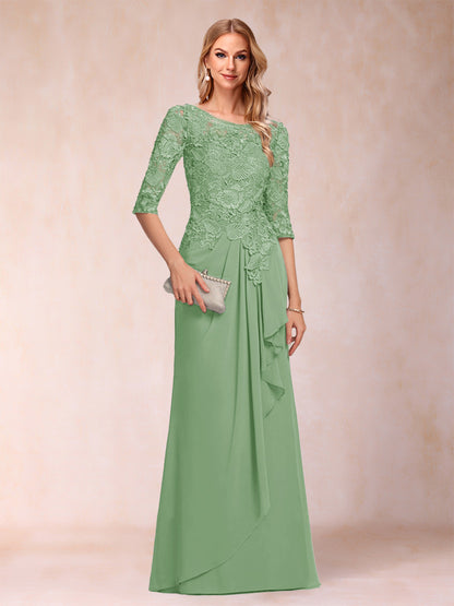 Robe de Mère de la Mariée En Mousseline de Soie à Manches 3/4 et Coupe Princesse avec Volants et Appliques