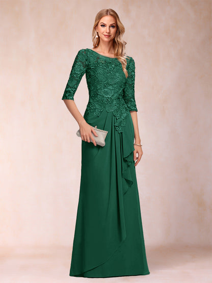 Robe de Mère de la Mariée En Mousseline de Soie à Manches 3/4 et Coupe Princesse avec Volants et Appliques