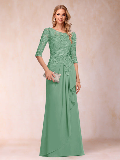 Robe de Mère de la Mariée En Mousseline de Soie à Manches 3/4 et Coupe Princesse avec Volants et Appliques