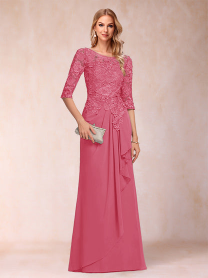 Robe de Mère de la Mariée En Mousseline de Soie à Manches 3/4 et Coupe Princesse avec Volants et Appliques