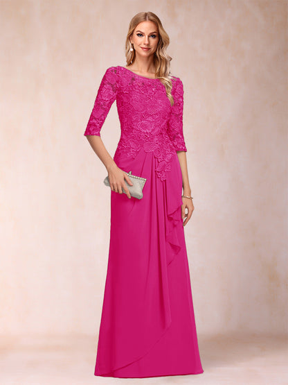 Robe de Mère de la Mariée En Mousseline de Soie à Manches 3/4 et Coupe Princesse avec Volants et Appliques