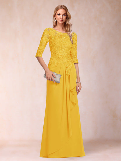 Robe de Mère de la Mariée En Mousseline de Soie à Manches 3/4 et Coupe Princesse avec Volants et Appliques