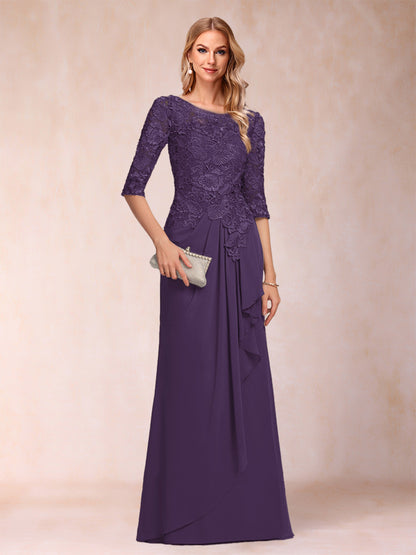 Robe de Mère de la Mariée En Mousseline de Soie à Manches 3/4 et Coupe Princesse avec Volants et Appliques
