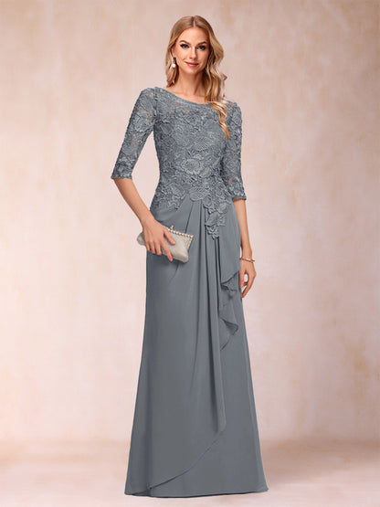 Robe de Mère de la Mariée En Mousseline de Soie à Manches 3/4 et Coupe Princesse avec Volants et Appliques