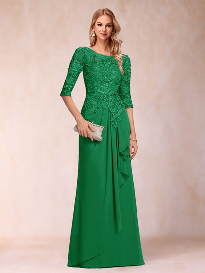 Robe de Mère de la Mariée En Mousseline de Soie à Manches 3/4 et Coupe Princesse avec Volants et Appliques