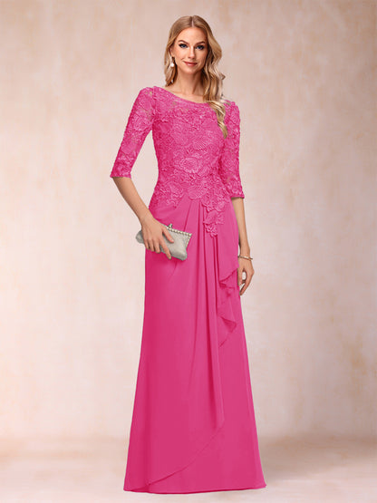 Robe de Mère de la Mariée En Mousseline de Soie à Manches 3/4 et Coupe Princesse avec Volants et Appliques