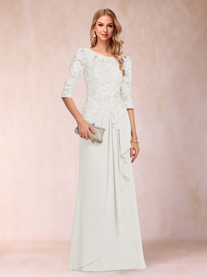 Robe de Mère de la Mariée En Mousseline de Soie à Manches 3/4 et Coupe Princesse avec Volants et Appliques