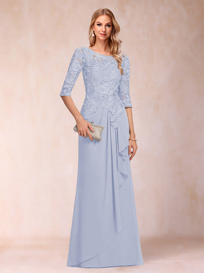 Robe de Mère de la Mariée En Mousseline de Soie à Manches 3/4 et Coupe Princesse avec Volants et Appliques