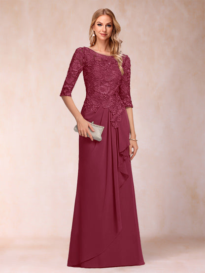 Robe de Mère de la Mariée En Mousseline de Soie à Manches 3/4 et Coupe Princesse avec Volants et Appliques