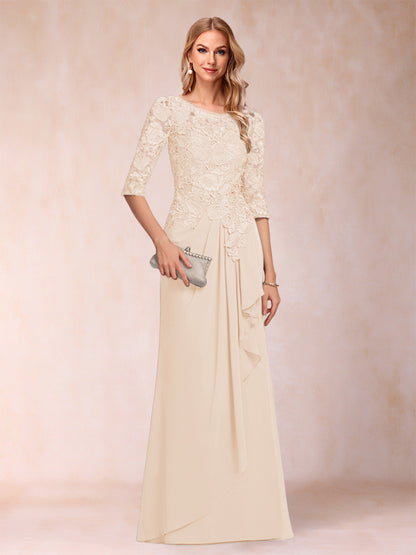 Robe de Mère de la Mariée En Mousseline de Soie à Manches 3/4 et Coupe Princesse avec Volants et Appliques