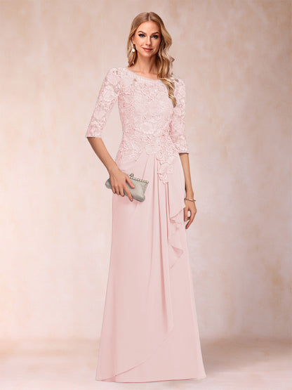 Robe de Mère de la Mariée En Mousseline de Soie à Manches 3/4 et Coupe Princesse avec Volants et Appliques