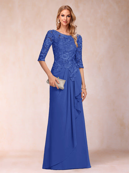 Robe de Mère de la Mariée En Mousseline de Soie à Manches 3/4 et Coupe Princesse avec Volants et Appliques