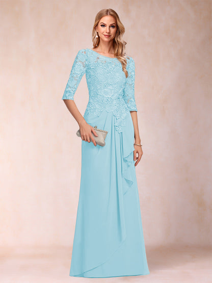 Robe de Mère de la Mariée En Mousseline de Soie à Manches 3/4 et Coupe Princesse avec Volants et Appliques
