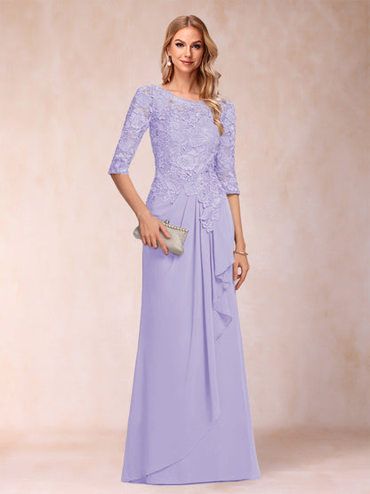 Robe de Mère de la Mariée En Mousseline de Soie à Manches 3/4 et Coupe Princesse avec Volants et Appliques