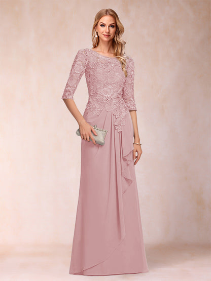 Robe de Mère de la Mariée En Mousseline de Soie à Manches 3/4 et Coupe Princesse avec Volants et Appliques