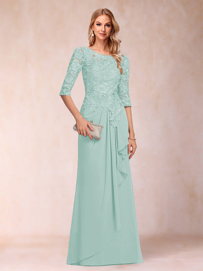 Robe de Mère de la Mariée En Mousseline de Soie à Manches 3/4 et Coupe Princesse avec Volants et Appliques