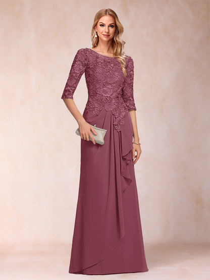 Robe de Mère de la Mariée En Mousseline de Soie à Manches 3/4 et Coupe Princesse avec Volants et Appliques