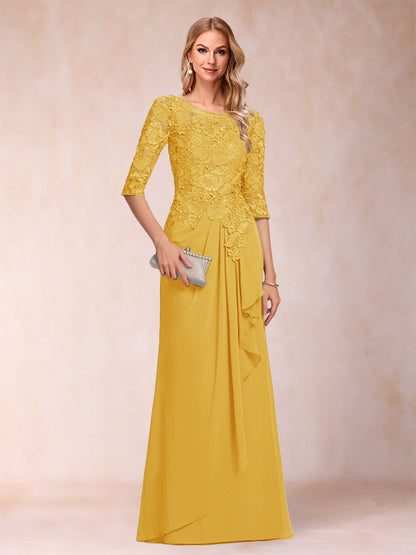 Robe de Mère de la Mariée En Mousseline de Soie à Manches 3/4 et Coupe Princesse avec Volants et Appliques