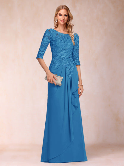 Robe de Mère de la Mariée En Mousseline de Soie à Manches 3/4 et Coupe Princesse avec Volants et Appliques