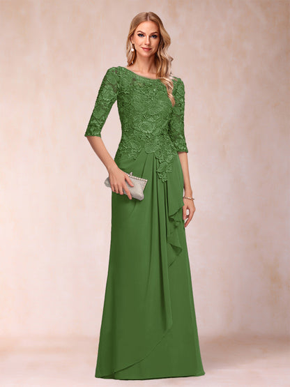 Robe de Mère de la Mariée En Mousseline de Soie à Manches 3/4 et Coupe Princesse avec Volants et Appliques