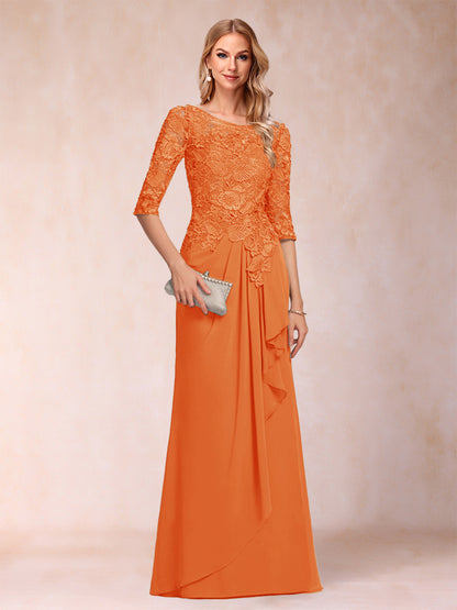 Robe de Mère de la Mariée En Mousseline de Soie à Manches 3/4 et Coupe Princesse avec Volants et Appliques