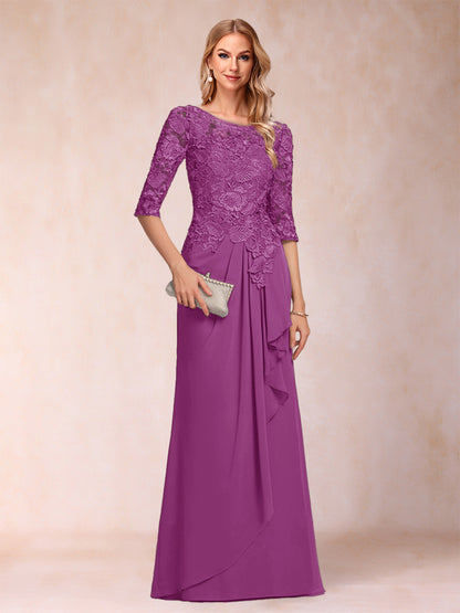 Robe de Mère de la Mariée En Mousseline de Soie à Manches 3/4 et Coupe Princesse avec Volants et Appliques