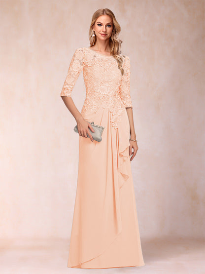 Robe de Mère de la Mariée En Mousseline de Soie à Manches 3/4 et Coupe Princesse avec Volants et Appliques