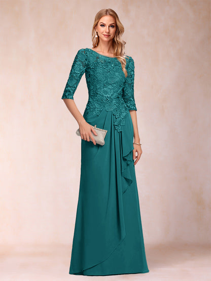 Robe de Mère de la Mariée En Mousseline de Soie à Manches 3/4 et Coupe Princesse avec Volants et Appliques