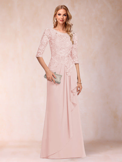 Robe de Mère de la Mariée En Mousseline de Soie à Manches 3/4 et Coupe Princesse avec Volants et Appliques