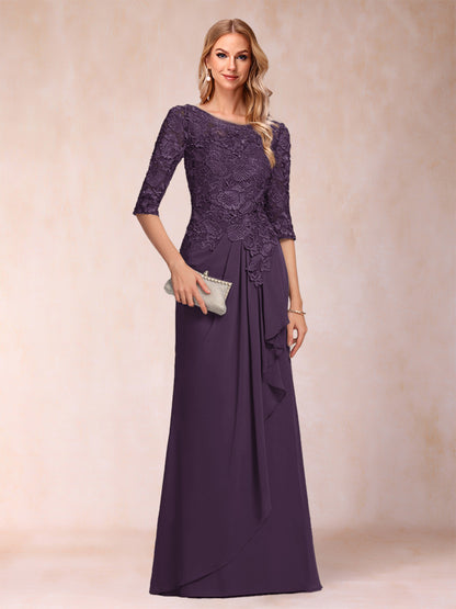Robe de Mère de la Mariée En Mousseline de Soie à Manches 3/4 et Coupe Princesse avec Volants et Appliques