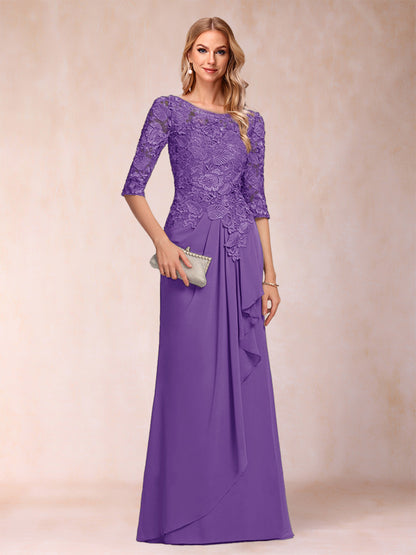 Robe de Mère de la Mariée En Mousseline de Soie à Manches 3/4 et Coupe Princesse avec Volants et Appliques