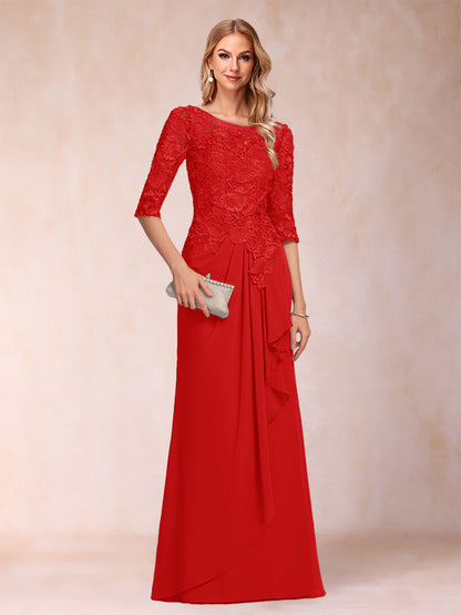 Robe de Mère de la Mariée En Mousseline de Soie à Manches 3/4 et Coupe Princesse avec Volants et Appliques