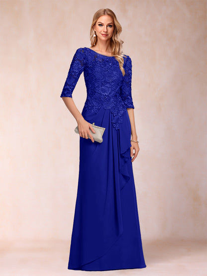 Robe de Mère de la Mariée En Mousseline de Soie à Manches 3/4 et Coupe Princesse avec Volants et Appliques