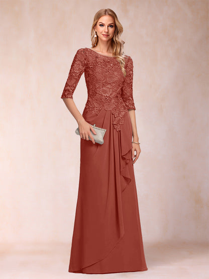 Robe de Mère de la Mariée En Mousseline de Soie à Manches 3/4 et Coupe Princesse avec Volants et Appliques