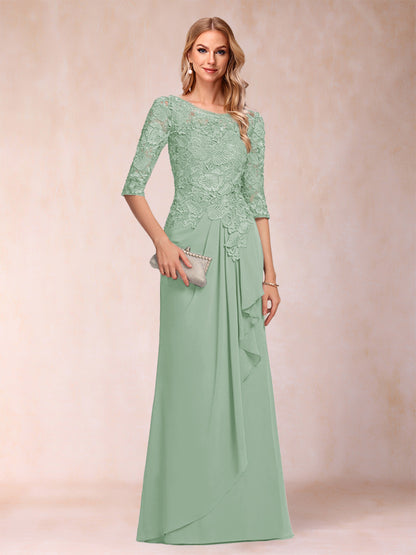 Robe de Mère de la Mariée En Mousseline de Soie à Manches 3/4 et Coupe Princesse avec Volants et Appliques