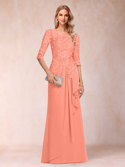 Robe de Mère de la Mariée En Mousseline de Soie à Manches 3/4 et Coupe Princesse avec Volants et Appliques