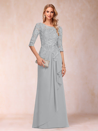 Robe de Mère de la Mariée En Mousseline de Soie à Manches 3/4 et Coupe Princesse avec Volants et Appliques