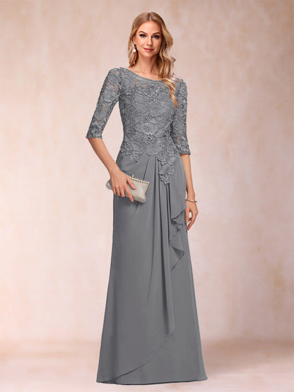 Robe de Mère de la Mariée En Mousseline de Soie à Manches 3/4 et Coupe Princesse avec Volants et Appliques