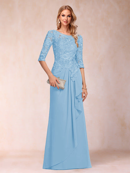 Robe de Mère de la Mariée En Mousseline de Soie à Manches 3/4 et Coupe Princesse avec Volants et Appliques