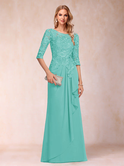 Robe de Mère de la Mariée En Mousseline de Soie à Manches 3/4 et Coupe Princesse avec Volants et Appliques