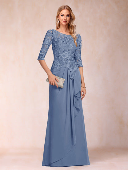 Robe de Mère de la Mariée En Mousseline de Soie à Manches 3/4 et Coupe Princesse avec Volants et Appliques