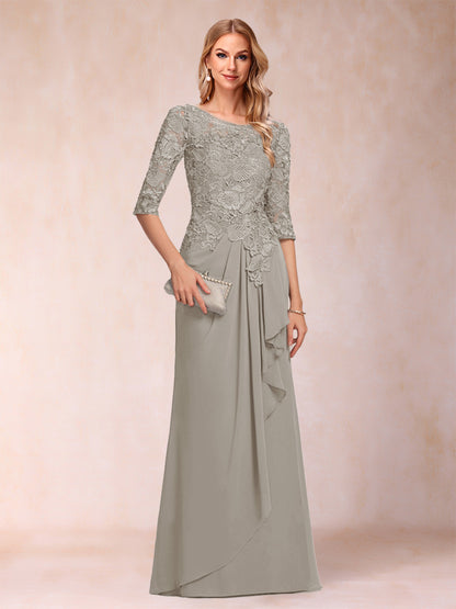 Robe de Mère de la Mariée En Mousseline de Soie à Manches 3/4 et Coupe Princesse avec Volants et Appliques