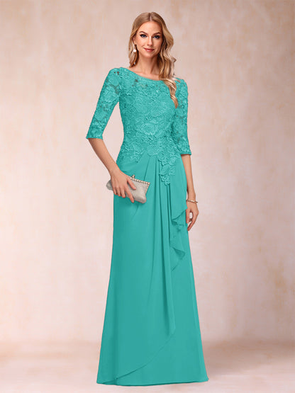 Robe de Mère de la Mariée En Mousseline de Soie à Manches 3/4 et Coupe Princesse avec Volants et Appliques