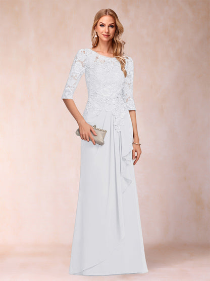 Robe de Mère de la Mariée En Mousseline de Soie à Manches 3/4 et Coupe Princesse avec Volants et Appliques