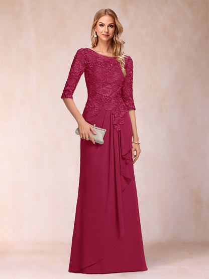 Robe de Mère de la Mariée En Mousseline de Soie à Manches 3/4 et Coupe Princesse avec Volants et Appliques